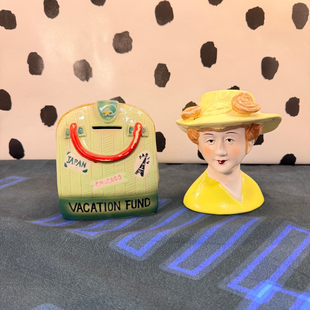Vintage Ceramic Coin Bank Set Unisex Green Yellow Suitcase and Lady Head